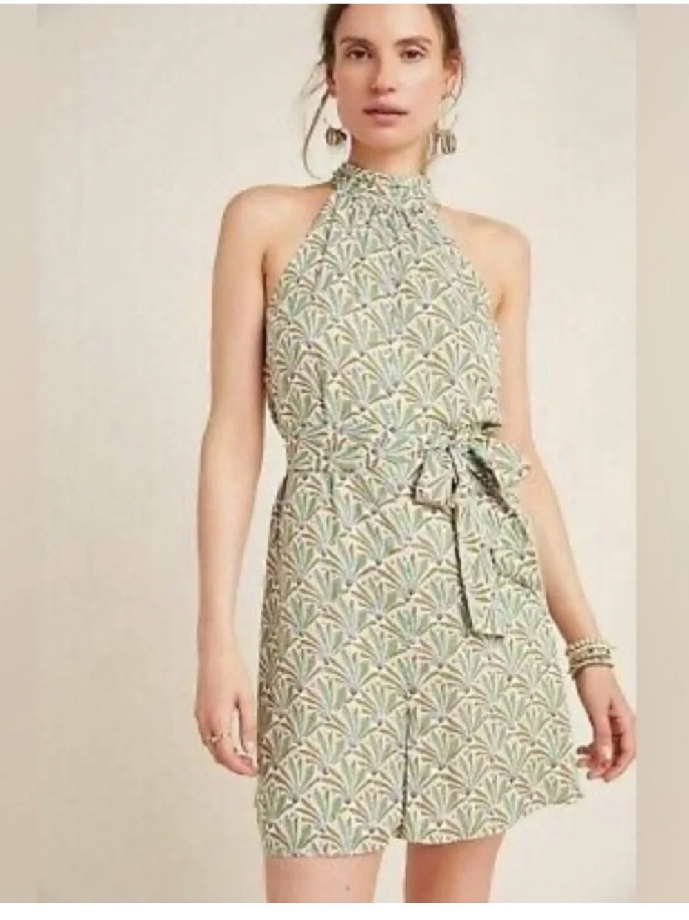 Anthropologie Green, Mustard & Cream Leaf-Print Halter Romper SMALL